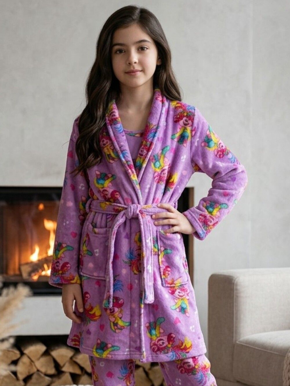 Trolls Girl's 10/12 Poppy Minky Plush Fleece Bathrobe Pink Robe Pockets Belted